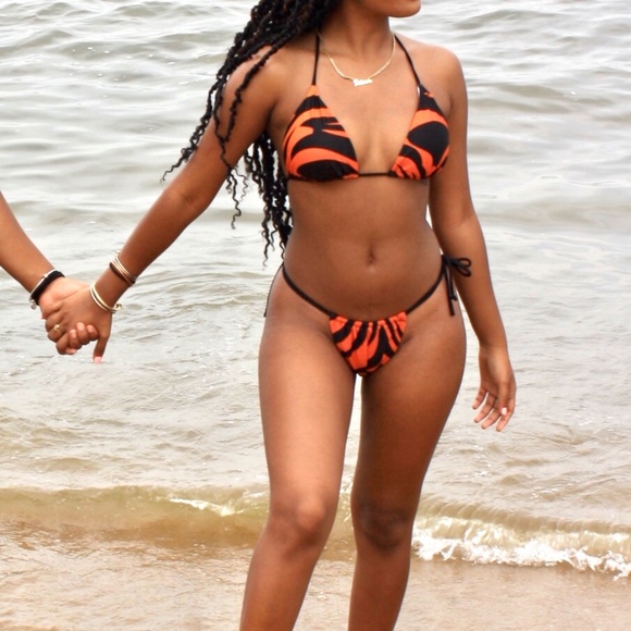 Tiger Print Orange and Black String Bikini - Picture 3 of 6